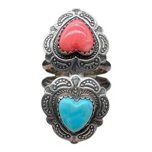 QT Sterling Silver Turquoise & Coral Heart Ring Size 6 Mexico Vintage